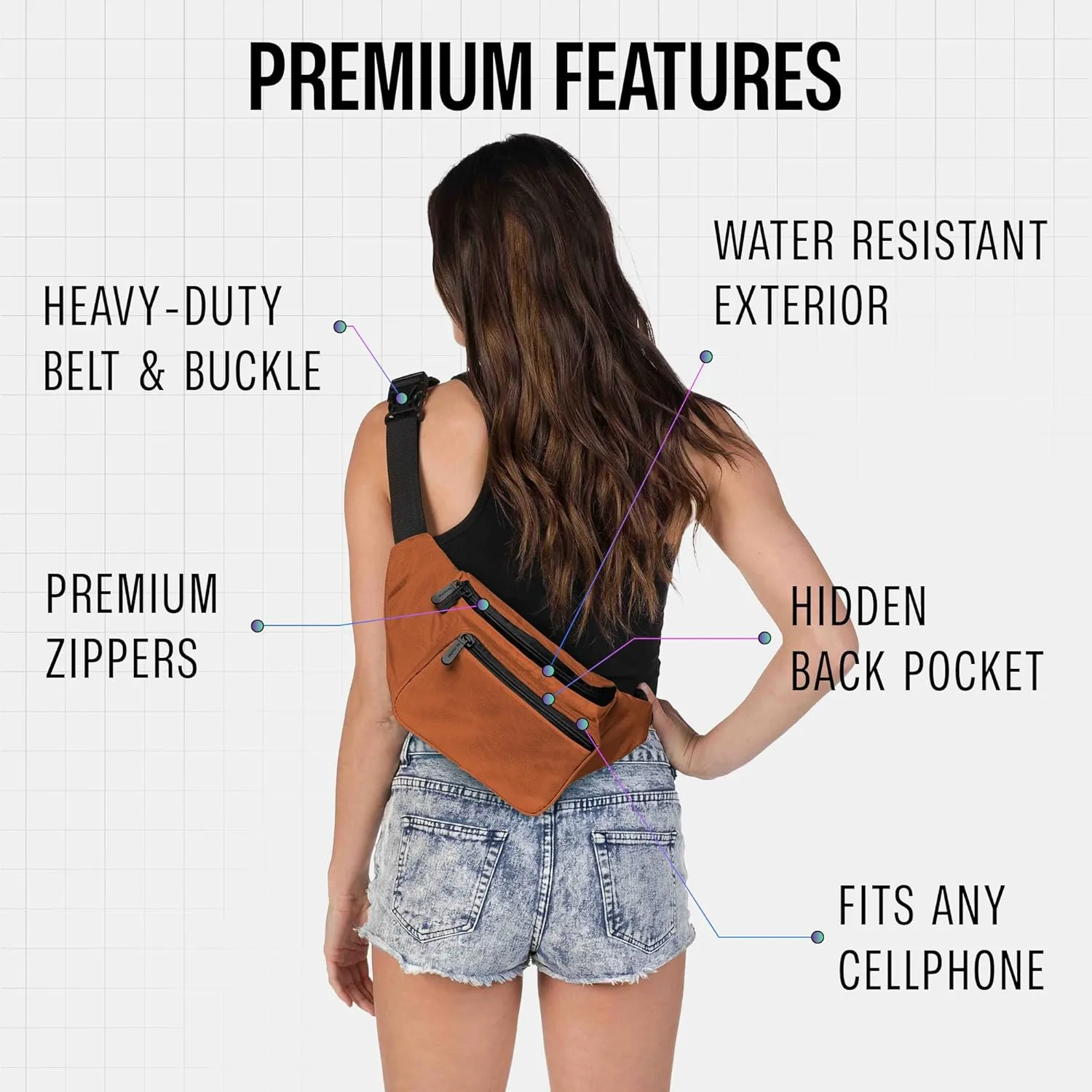 Brown Fanny Pack Belt bag - Crossbody Waist Bag for Men or Women - Hands-Free, Waterproof Large Bumbag for Hiking, Running, and Travel