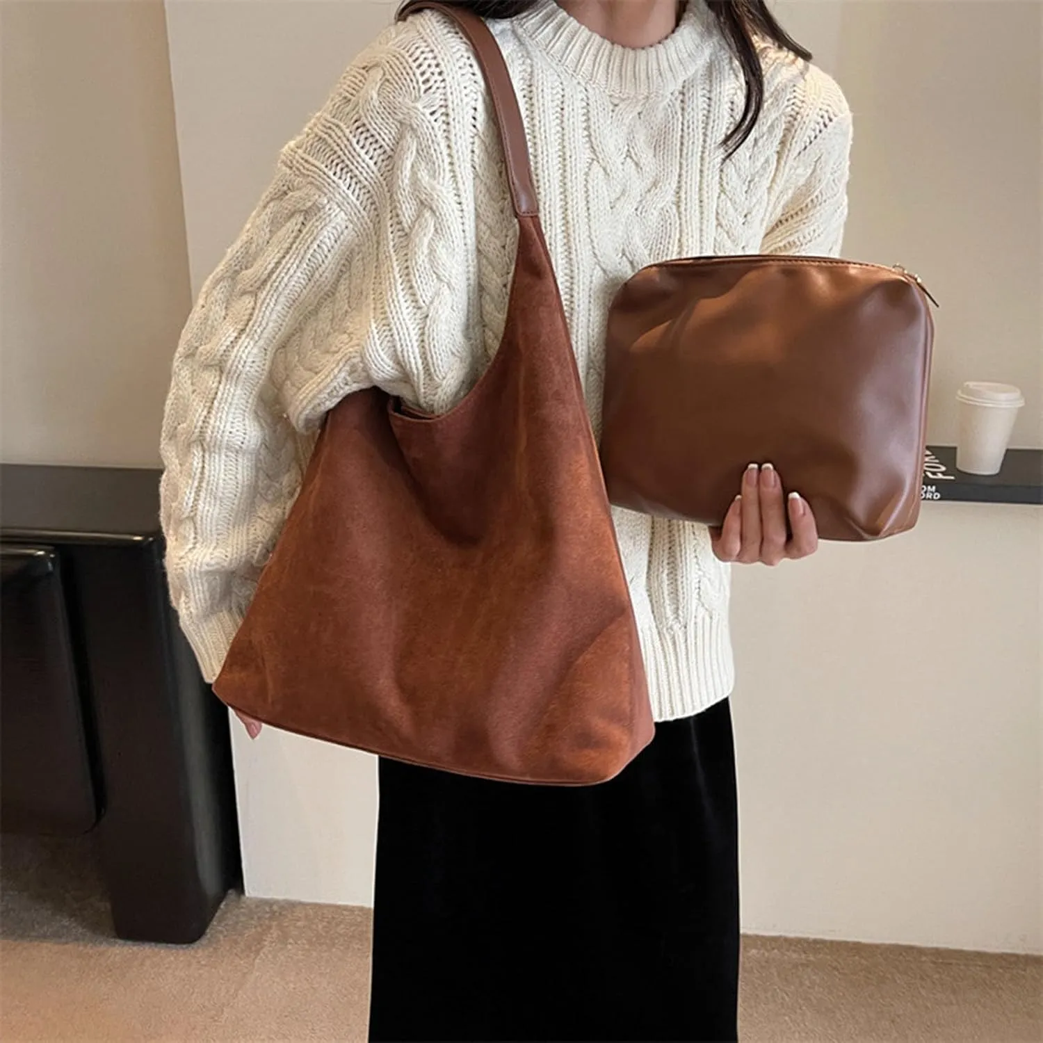 Brown Tote Bag, Vintage Suede Hobo Bags, Slouchy Tote Shoulder Handbag for Women