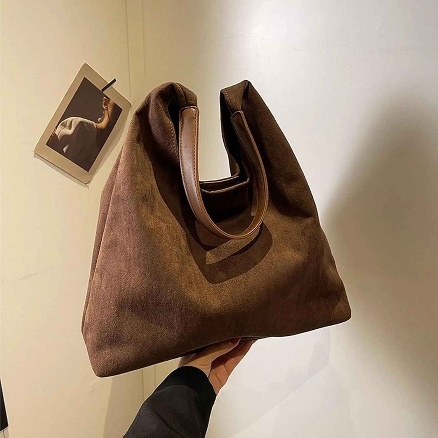 Brown Tote Bag, Vintage Suede Hobo Bags, Slouchy Tote Shoulder Handbag for Women