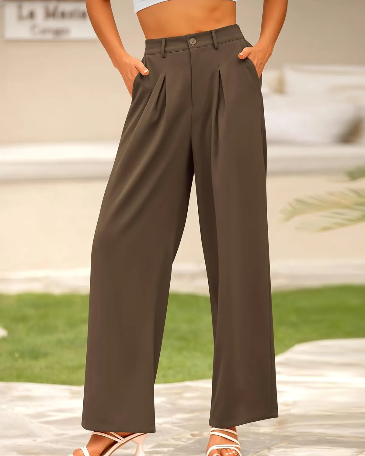 BTFBM Women High Waist Palazzo Pants Casual Wide Leg Trousers Button Down Loose Work Office Business Suit Pant Pockets