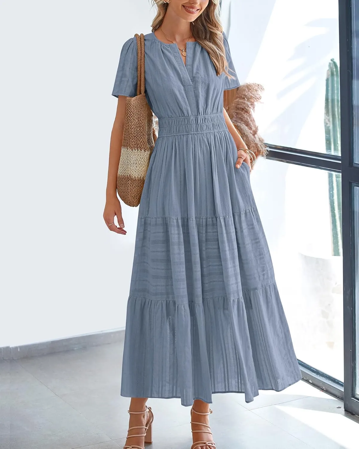 BTFBM Womens Summer 2025 Casual Midi Maxi Dresses Lightweight Short Sleeve V Neck Elastic Waist Boho Beach Dress Pockets