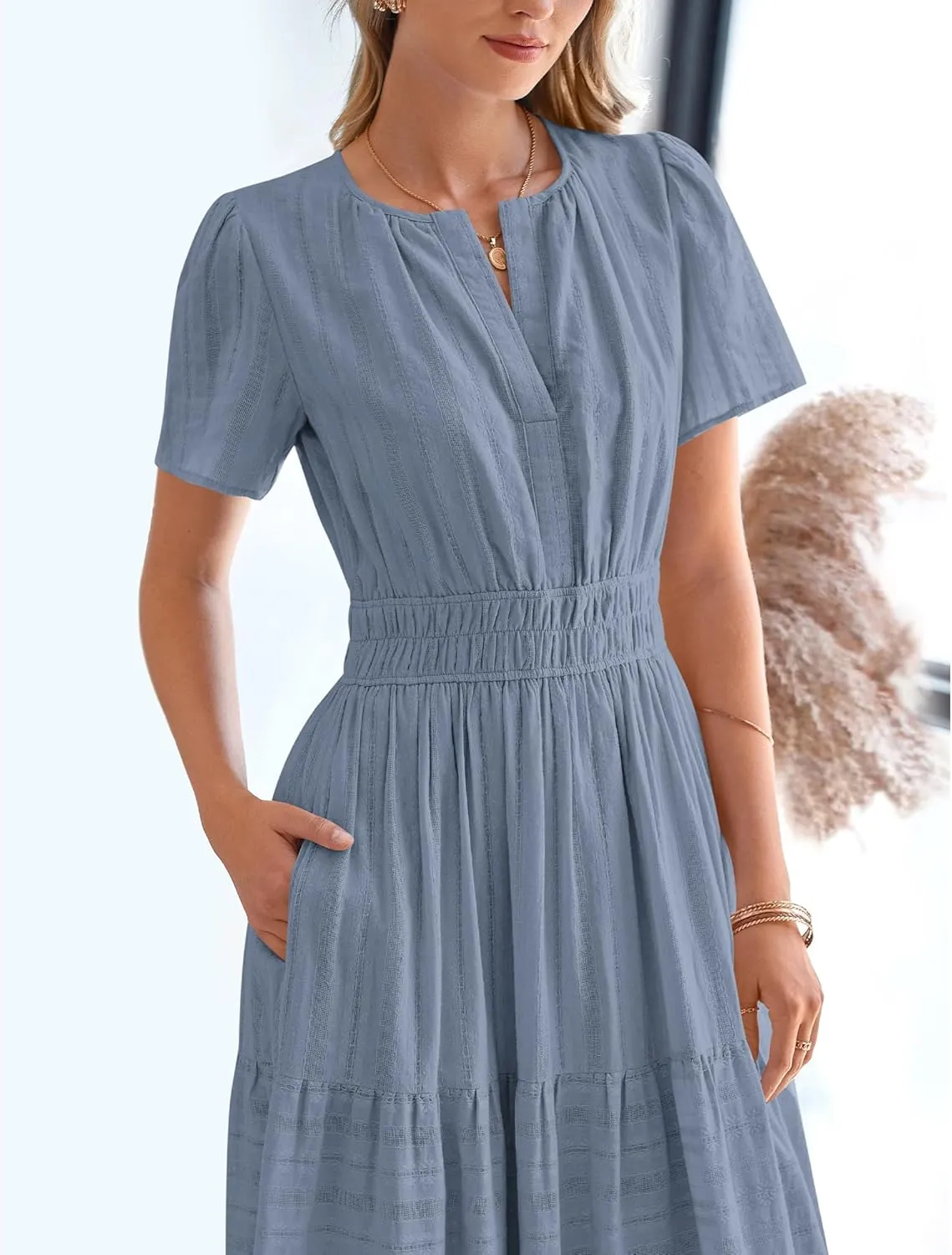 BTFBM Womens Summer 2025 Casual Midi Maxi Dresses Lightweight Short Sleeve V Neck Elastic Waist Boho Beach Dress Pockets
