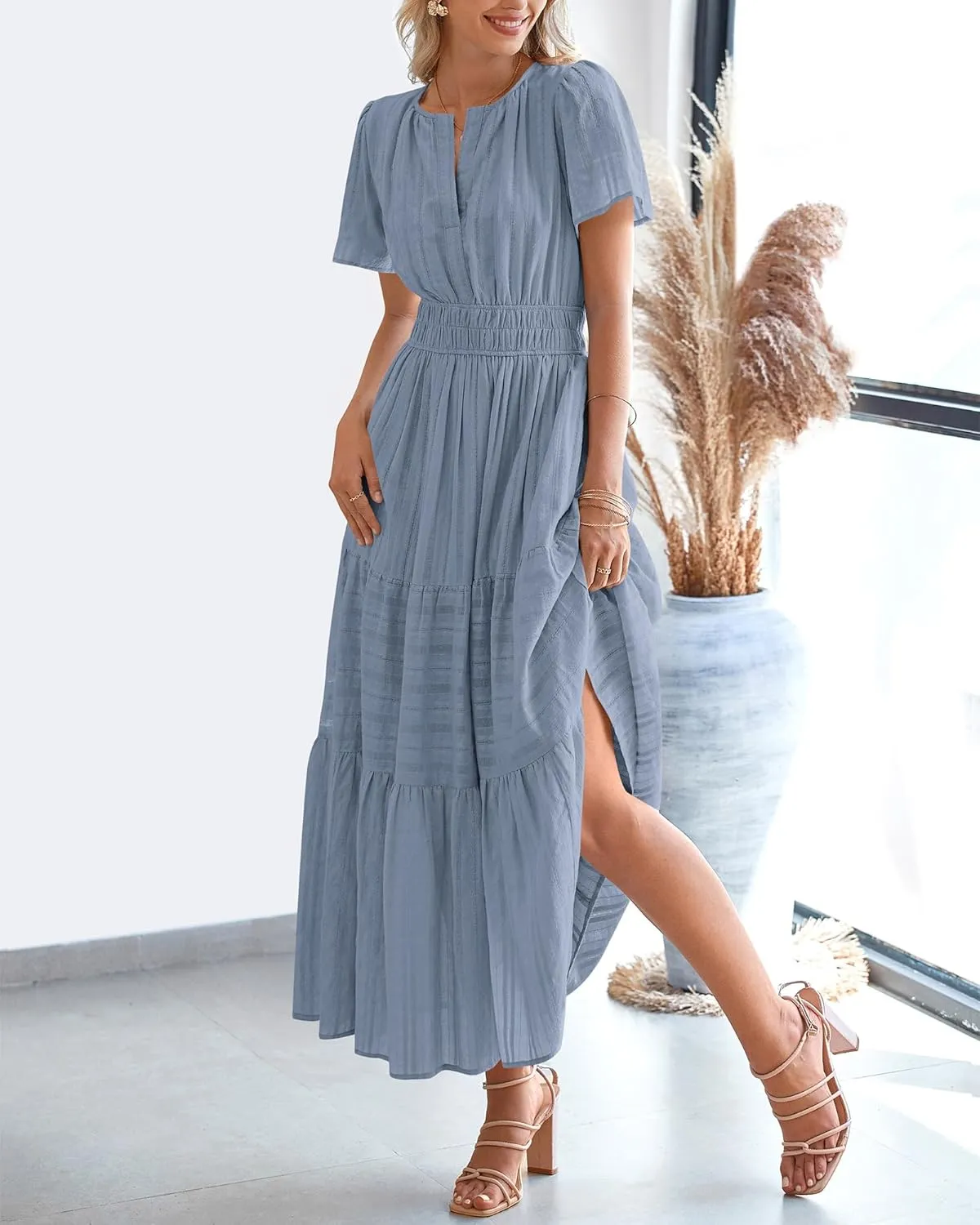 BTFBM Womens Summer 2025 Casual Midi Maxi Dresses Lightweight Short Sleeve V Neck Elastic Waist Boho Beach Dress Pockets