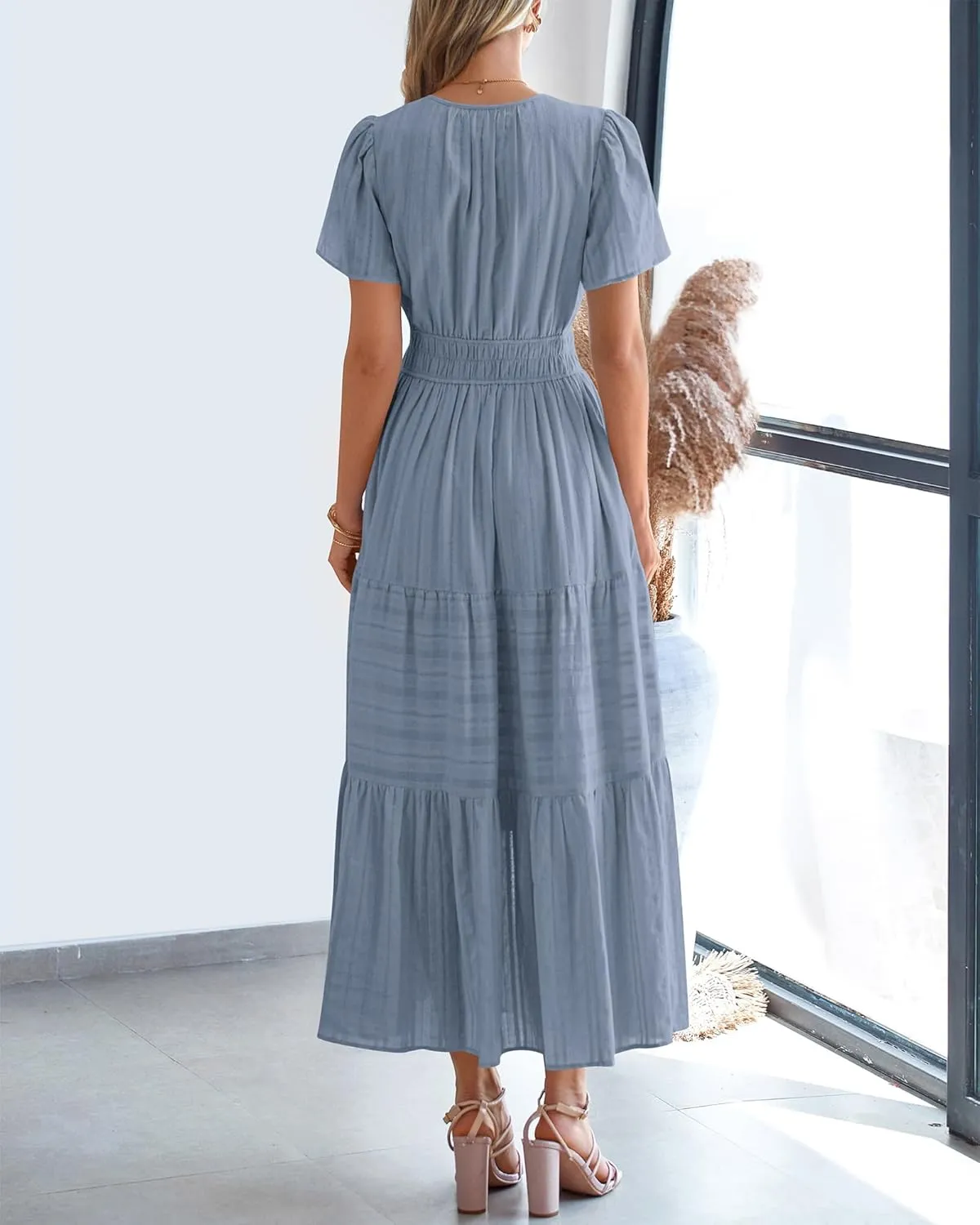 BTFBM Womens Summer 2025 Casual Midi Maxi Dresses Lightweight Short Sleeve V Neck Elastic Waist Boho Beach Dress Pockets