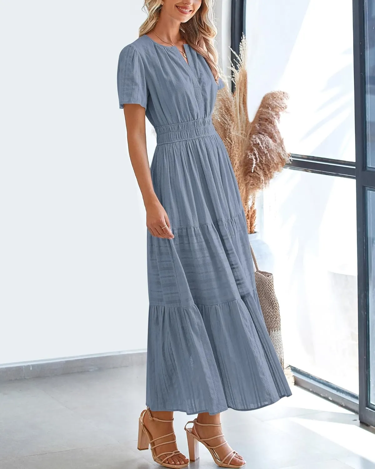 BTFBM Womens Summer 2025 Casual Midi Maxi Dresses Lightweight Short Sleeve V Neck Elastic Waist Boho Beach Dress Pockets