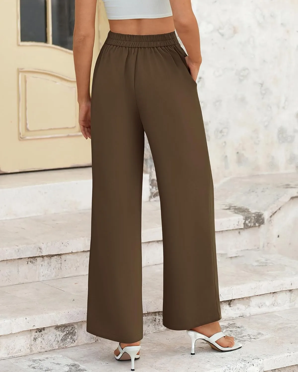 BTFBM Womens Wide Leg Pants Dressy Casual Elastic High Waisted Palazzo Business Lounge Trousers with Pockets
