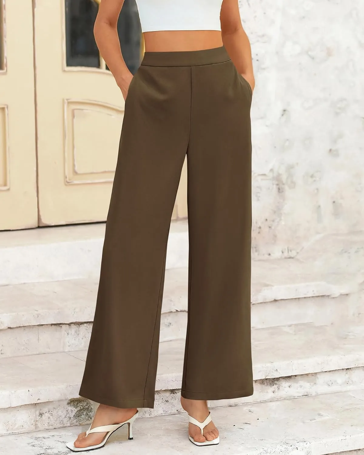 BTFBM Womens Wide Leg Pants Dressy Casual Elastic High Waisted Palazzo Business Lounge Trousers with Pockets