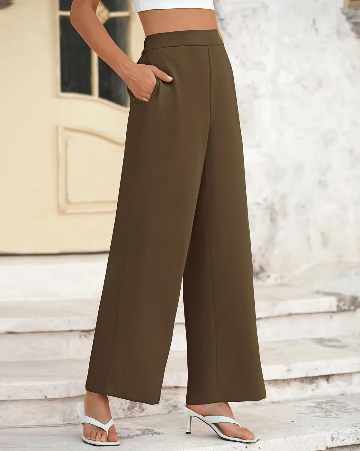 BTFBM Womens Wide Leg Pants Dressy Casual Elastic High Waisted Palazzo Business Lounge Trousers with Pockets