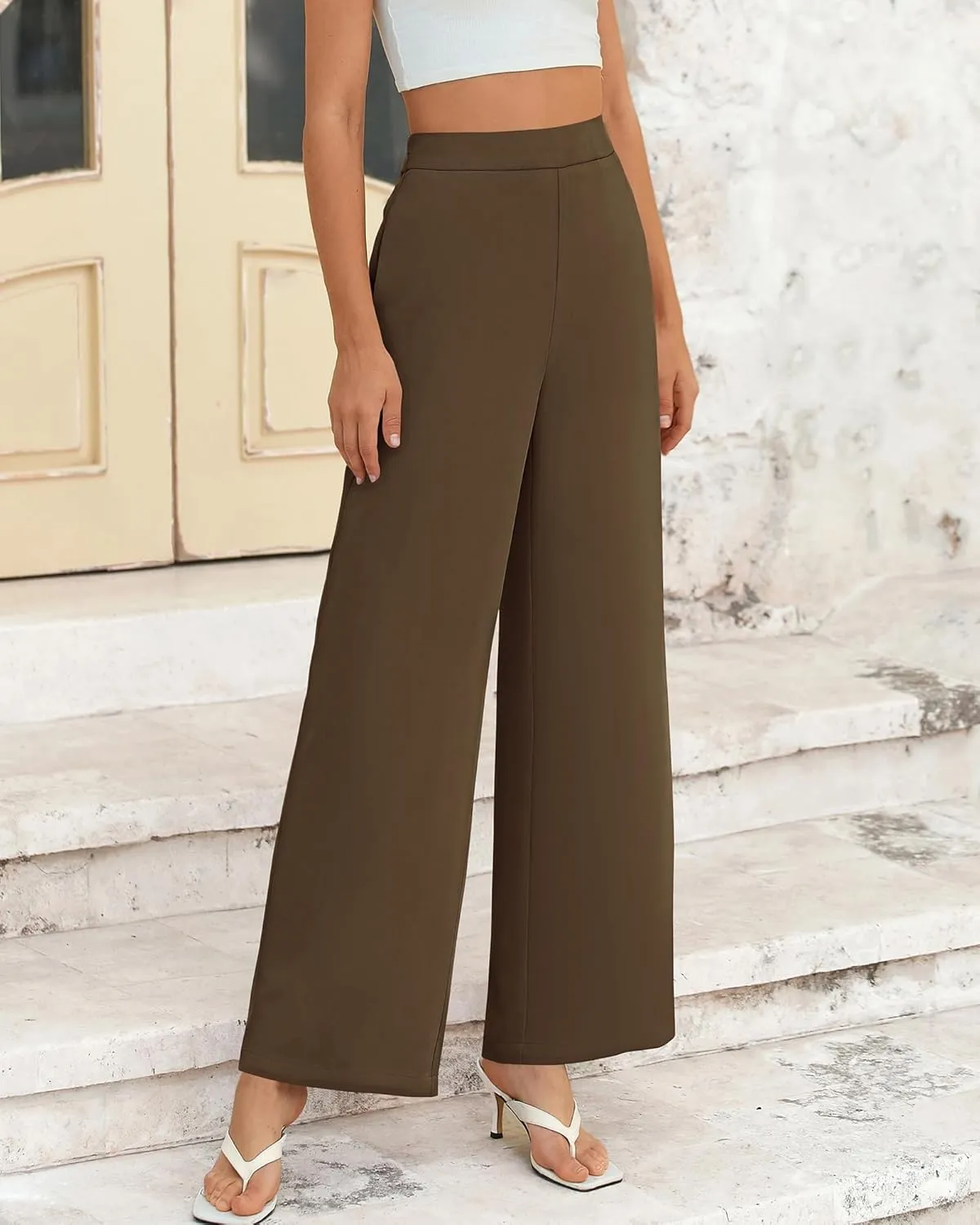 BTFBM Womens Wide Leg Pants Dressy Casual Elastic High Waisted Palazzo Business Lounge Trousers with Pockets