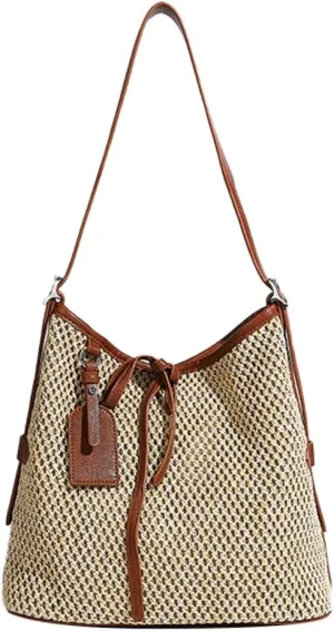 Bucket Purses for Women Straw Purse Beach Bag Slouchy Shoulder Bag with Adjustable Strap Large Straw Tote for Travel