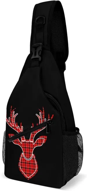 Buffalo Plaid Deer Head Printed Crossbody Bags Casual Sling Backpack with Adjustable Strap for Women Men