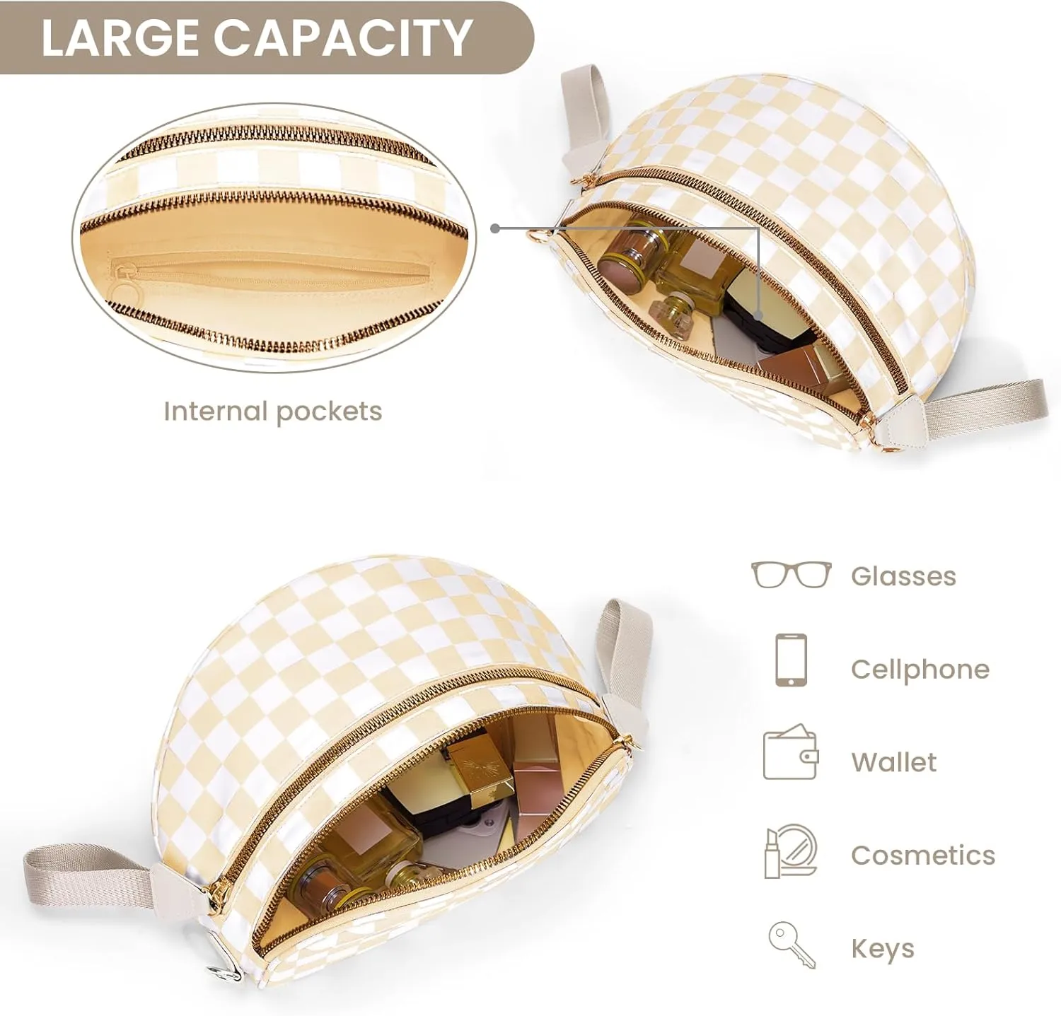 Bum Bags for Women Crossbody,Nylon Checkered Crossbody Bag Black and White Checkered Purse Oversized Slouchy Belt Bag