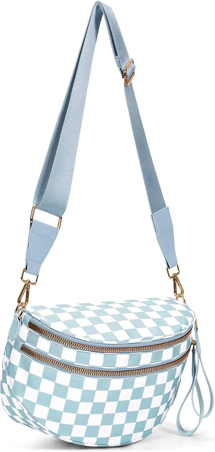 Bum Bags for Women Crossbody,Nylon Checkered Crossbody Bag Black and White Checkered Purse Oversized Slouchy Belt Bag