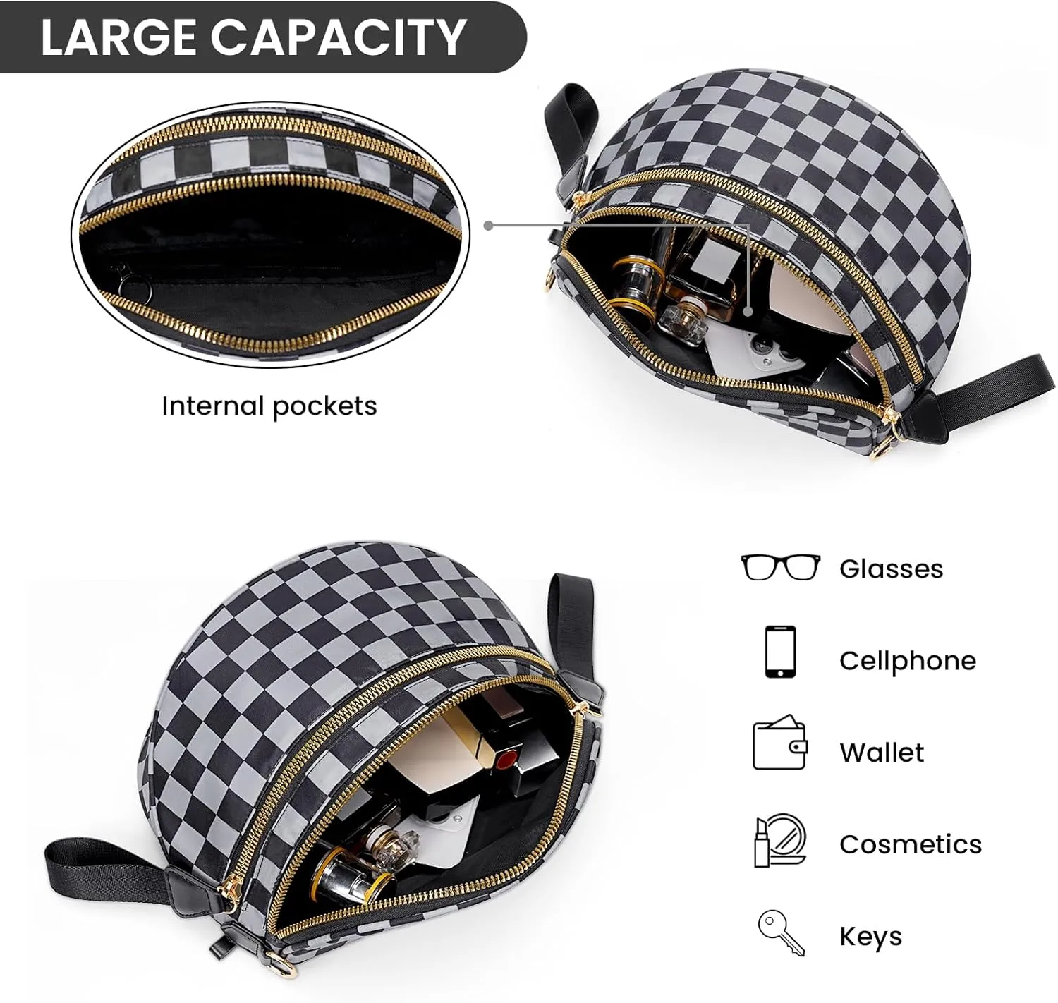 Bum Bags for Women Crossbody,Nylon Checkered Crossbody Bag Black and White Checkered Purse Oversized Slouchy Belt Bag