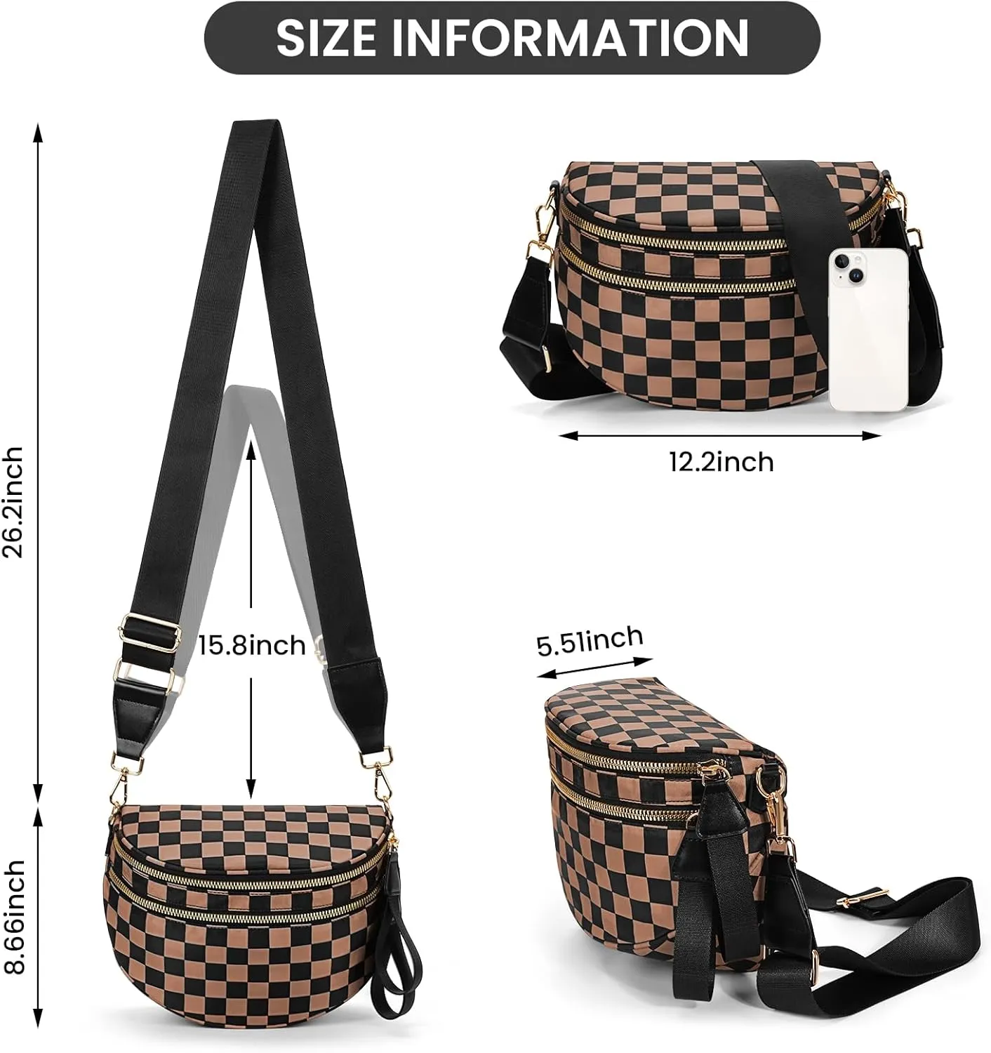 Bum Bags for Women Crossbody,Nylon Checkered Crossbody Bag Black and White Checkered Purse Oversized Slouchy Belt Bag