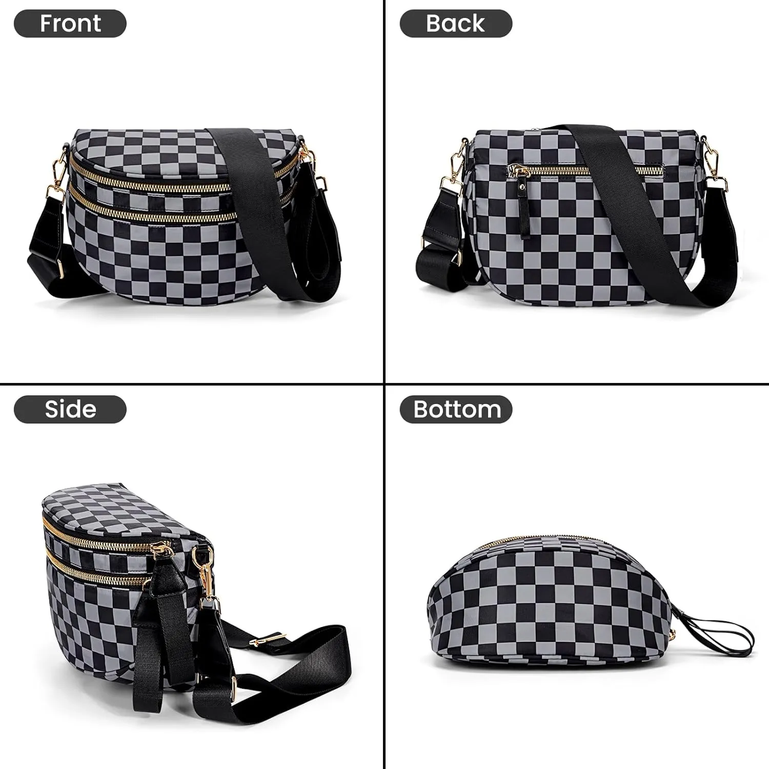Bum Bags for Women Crossbody,Nylon Checkered Crossbody Bag Black and White Checkered Purse Oversized Slouchy Belt Bag