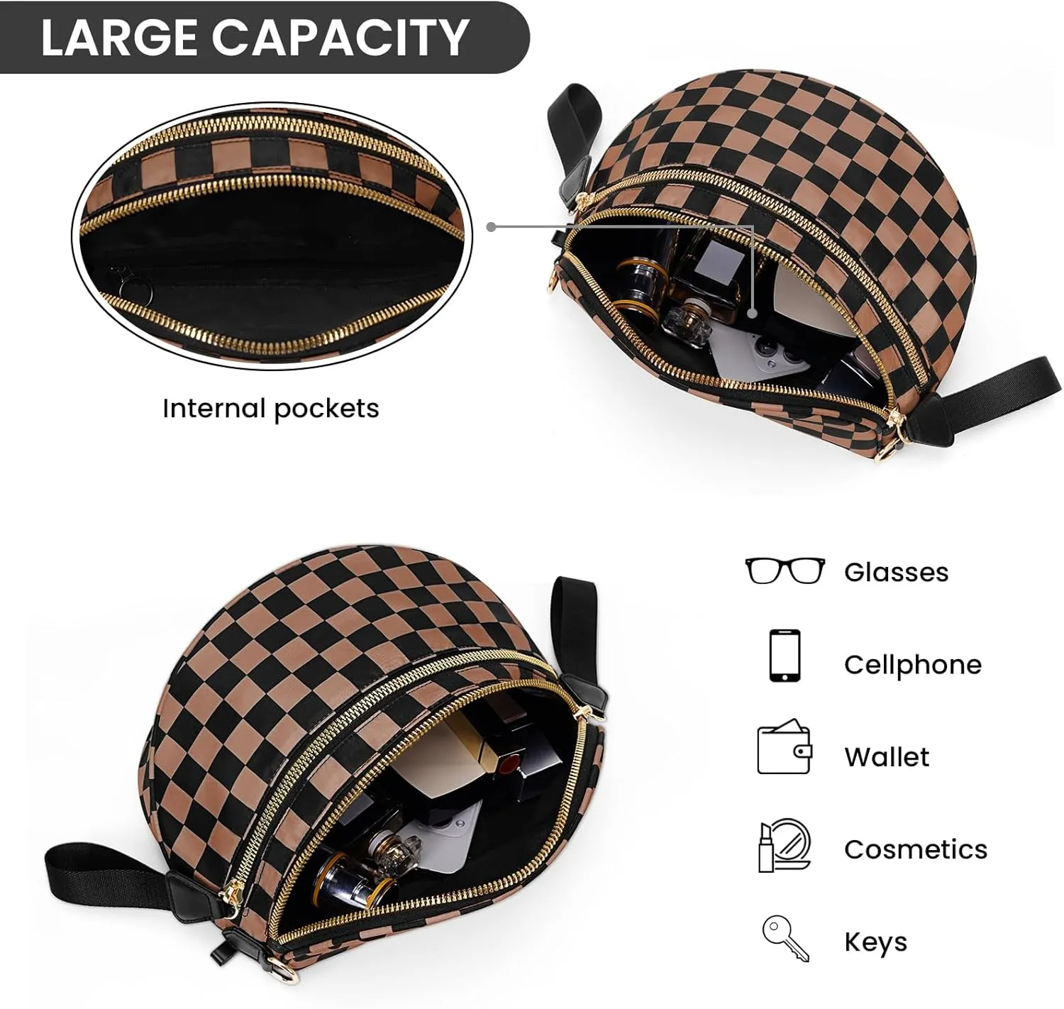 Bum Bags for Women Crossbody,Nylon Checkered Crossbody Bag Black and White Checkered Purse Oversized Slouchy Belt Bag