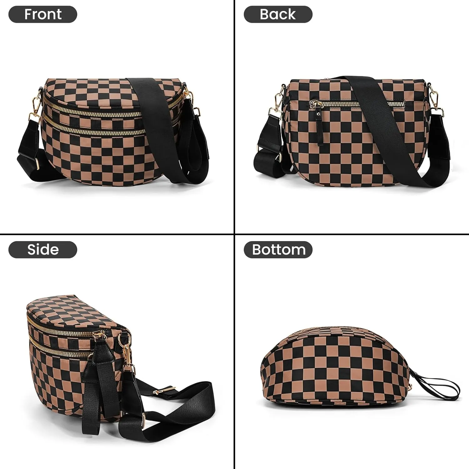 Bum Bags for Women Crossbody,Nylon Checkered Crossbody Bag Black and White Checkered Purse Oversized Slouchy Belt Bag