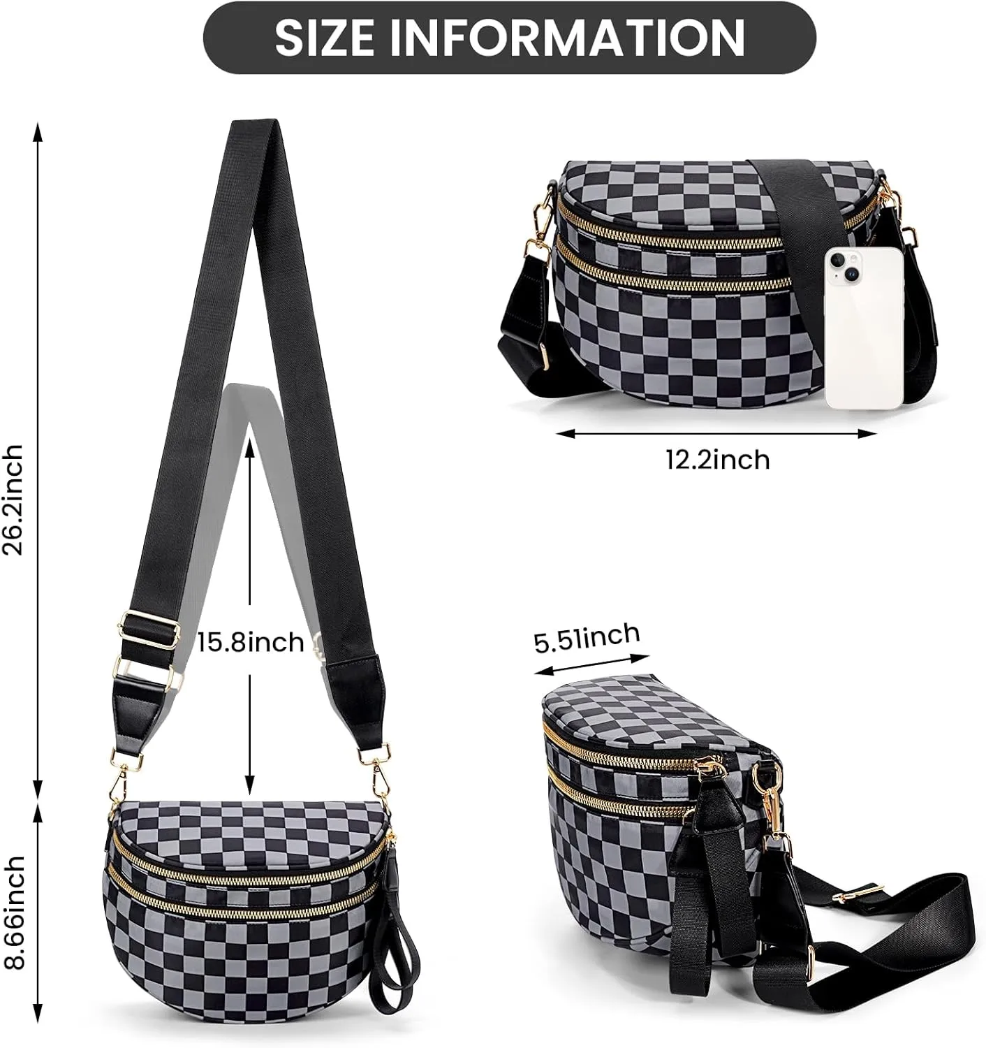 Bum Bags for Women Crossbody,Nylon Checkered Crossbody Bag Black and White Checkered Purse Oversized Slouchy Belt Bag