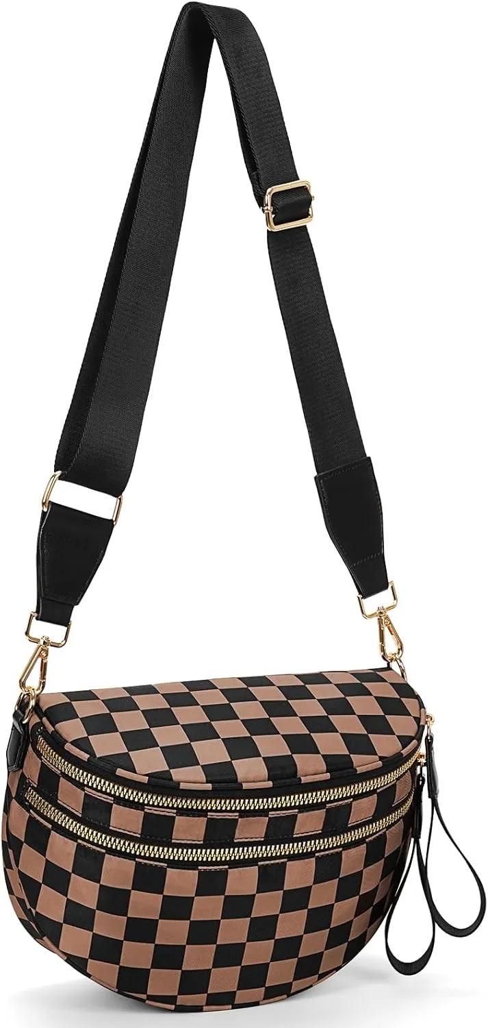 Bum Bags for Women Crossbody,Nylon Checkered Crossbody Bag Black and White Checkered Purse Oversized Slouchy Belt Bag