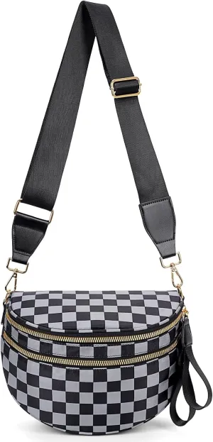 Bum Bags for Women Crossbody,Nylon Checkered Crossbody Bag Black and White Checkered Purse Oversized Slouchy Belt Bag