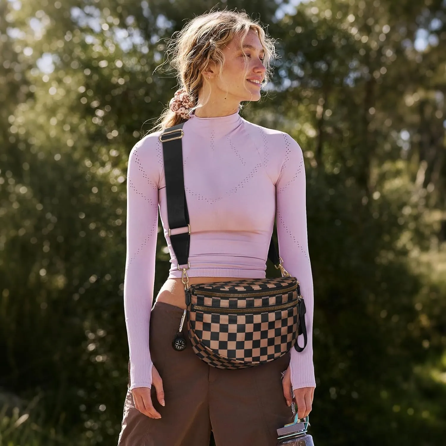 Bum Bags for Women Crossbody,Nylon Checkered Crossbody Bag Black and White Checkered Purse Oversized Slouchy Belt Bag