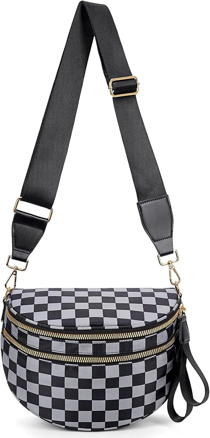 Bum Bags for Women Crossbody,Nylon Checkered Crossbody Bag Black and White Checkered Purse Oversized Slouchy Belt Bag