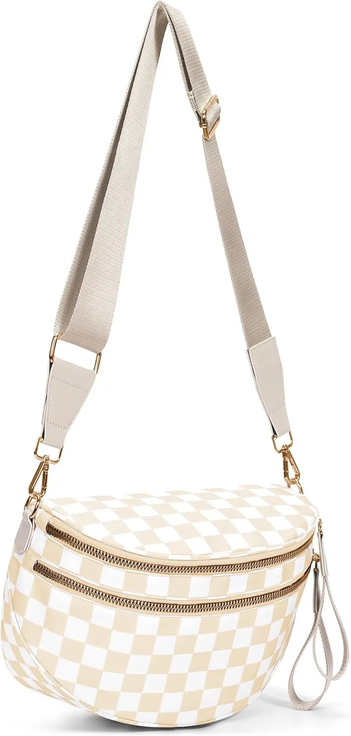 Bum Bags for Women Crossbody,Nylon Checkered Crossbody Bag Black and White Checkered Purse Oversized Slouchy Belt Bag