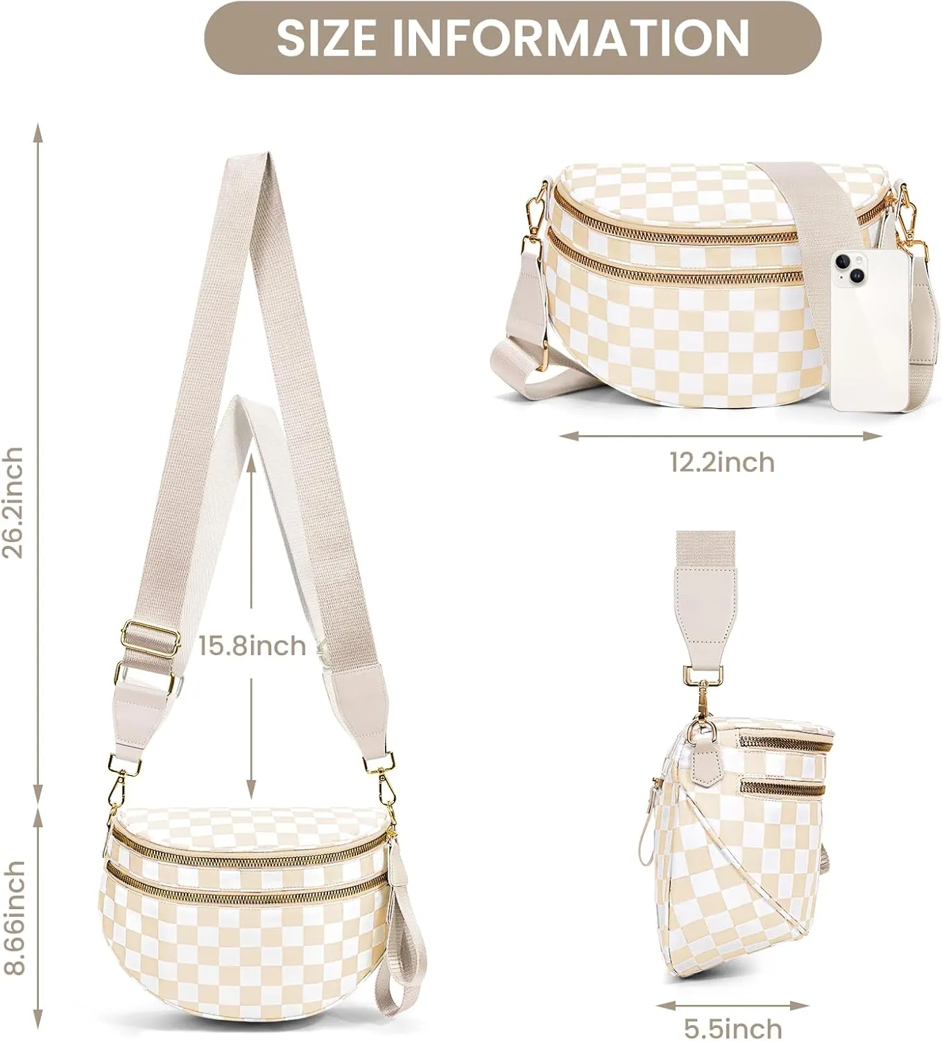 Bum Bags for Women Crossbody,Nylon Checkered Crossbody Bag Black and White Checkered Purse Oversized Slouchy Belt Bag