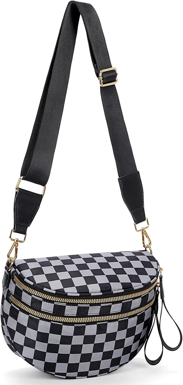 Bum Bags for Women Crossbody,Nylon Checkered Crossbody Bag Black and White Checkered Purse Oversized Slouchy Belt Bag