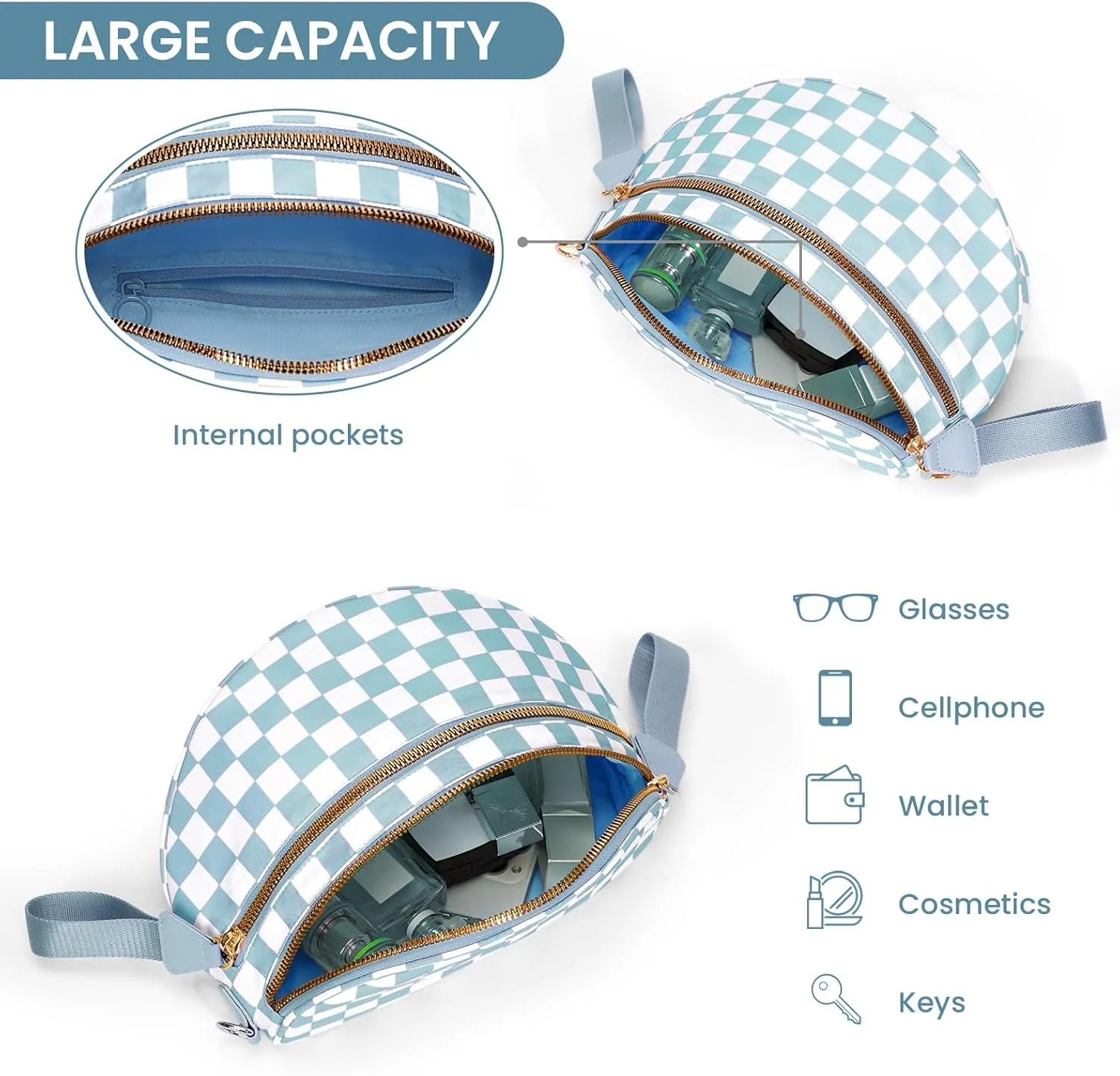 Bum Bags for Women Crossbody,Nylon Checkered Crossbody Bag Black and White Checkered Purse Oversized Slouchy Belt Bag