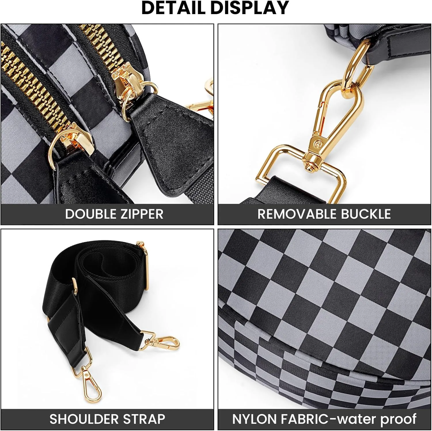 Bum Bags for Women Crossbody,Nylon Checkered Crossbody Bag Black and White Checkered Purse Oversized Slouchy Belt Bag