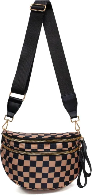 Bum Bags for Women Crossbody,Nylon Checkered Crossbody Bag Black and White Checkered Purse Oversized Slouchy Belt Bag