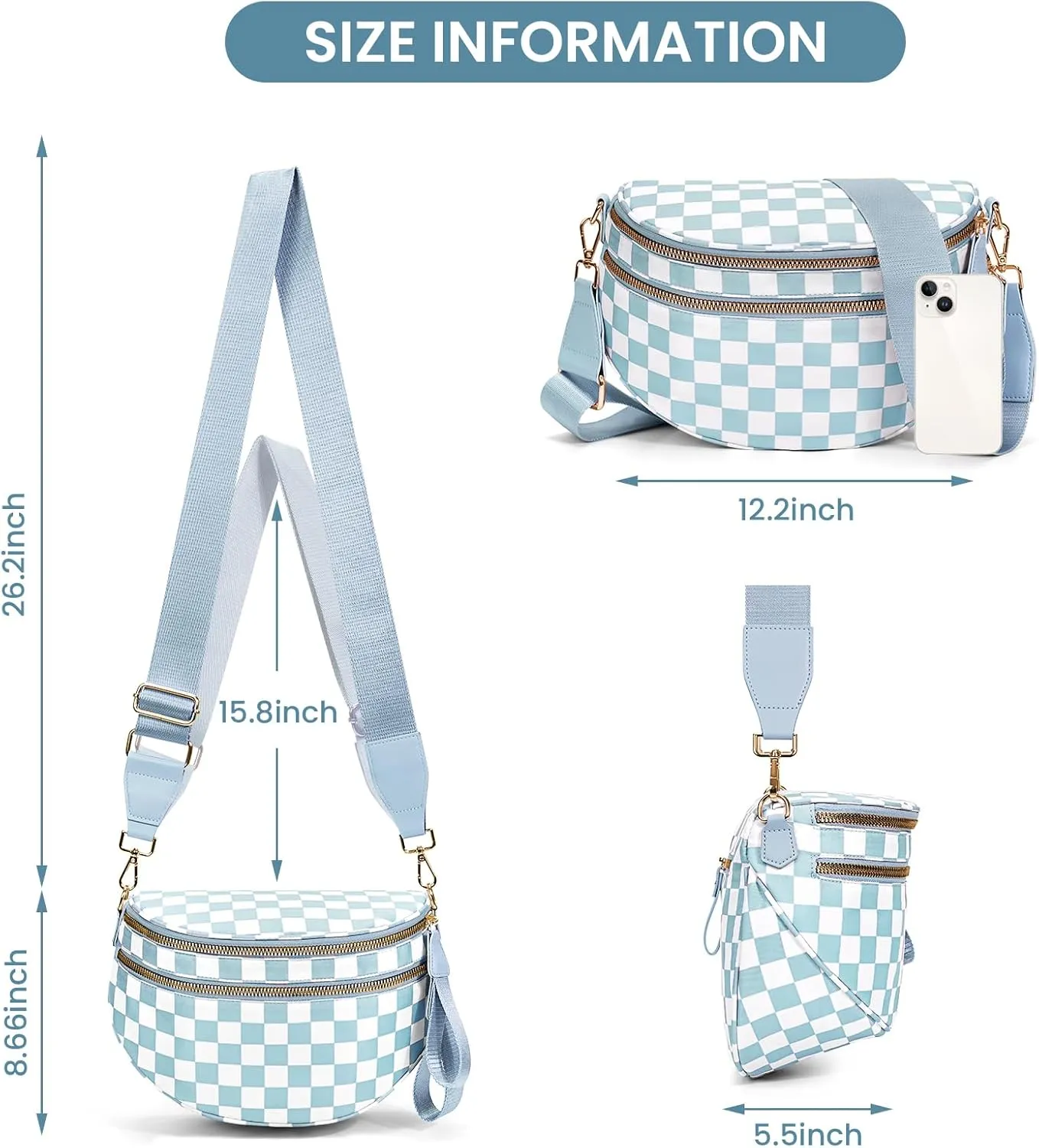 Bum Bags for Women Crossbody,Nylon Checkered Crossbody Bag Black and White Checkered Purse Oversized Slouchy Belt Bag