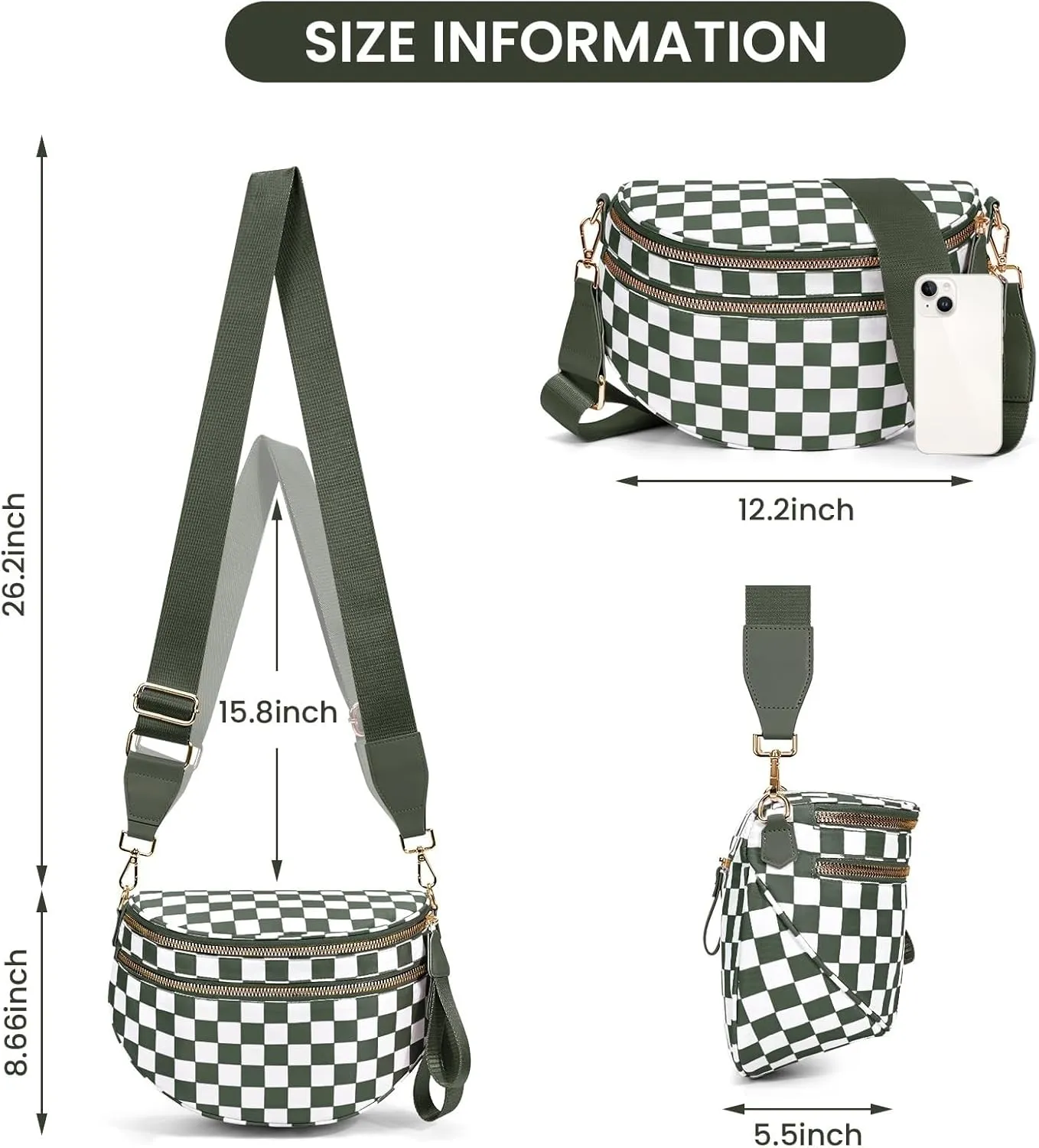 Bum Bags for Women Crossbody,Oversized Slouchy Belt Bag,Nylon Checkered Crossbody Bag Black and White Checkered Purse (Black)