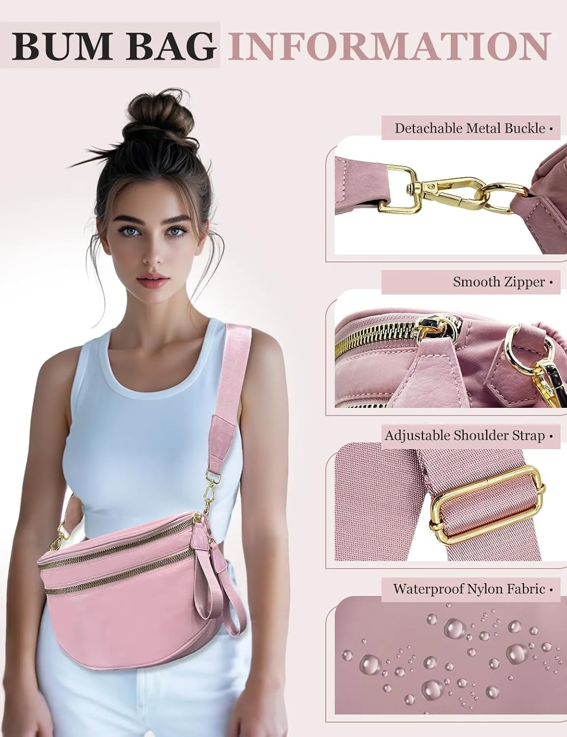 Bum Bags for Women Nylon Crossbody Bag, Spacious Fanny Packs Belt Bag Large Sling Bag with Adjustable Strap (Pink)