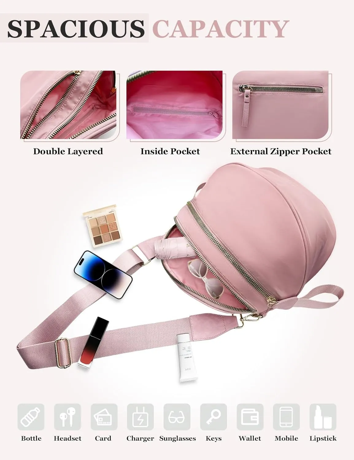 Bum Bags for Women Nylon Crossbody Bag, Spacious Fanny Packs Belt Bag Large Sling Bag with Adjustable Strap (Pink)