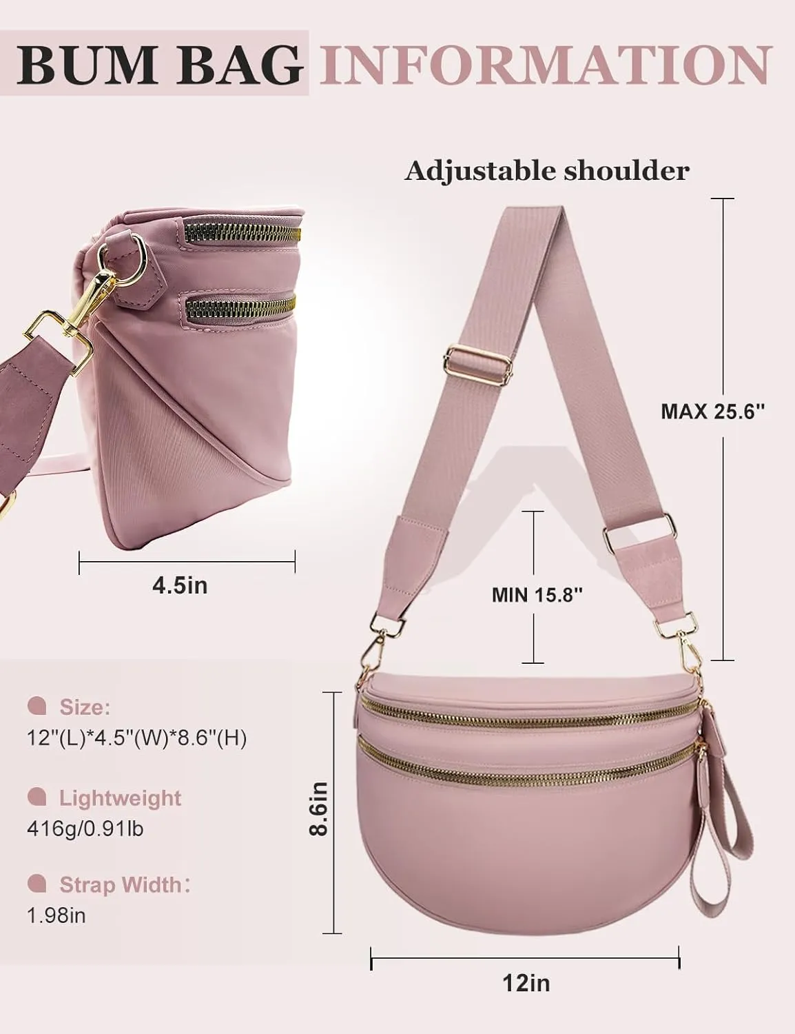 Bum Bags for Women Nylon Crossbody Bag, Spacious Fanny Packs Belt Bag Large Sling Bag with Adjustable Strap (Pink)