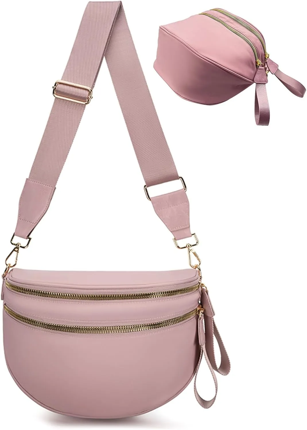 Bum Bags for Women Nylon Crossbody Bag, Spacious Fanny Packs Belt Bag Large Sling Bag with Adjustable Strap (Pink)