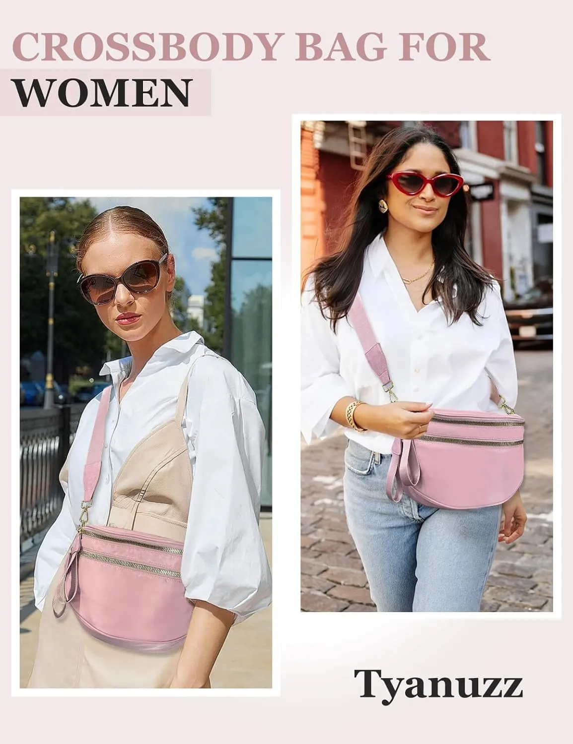 Bum Bags for Women Nylon Crossbody Bag, Spacious Fanny Packs Belt Bag Large Sling Bag with Adjustable Strap (Pink)