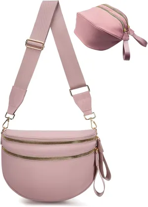 Bum Bags for Women Nylon Crossbody Bag, Spacious Fanny Packs Belt Bag Large Sling Bag with Adjustable Strap (Pink)