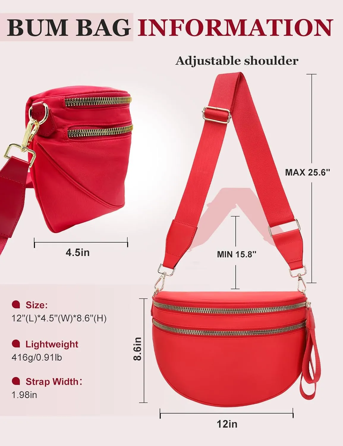 Bum Bags for Women Nylon Crossbody Bag, Spacious Fanny Packs Belt Bag Large Sling Bag with Adjustable Strap (Red)