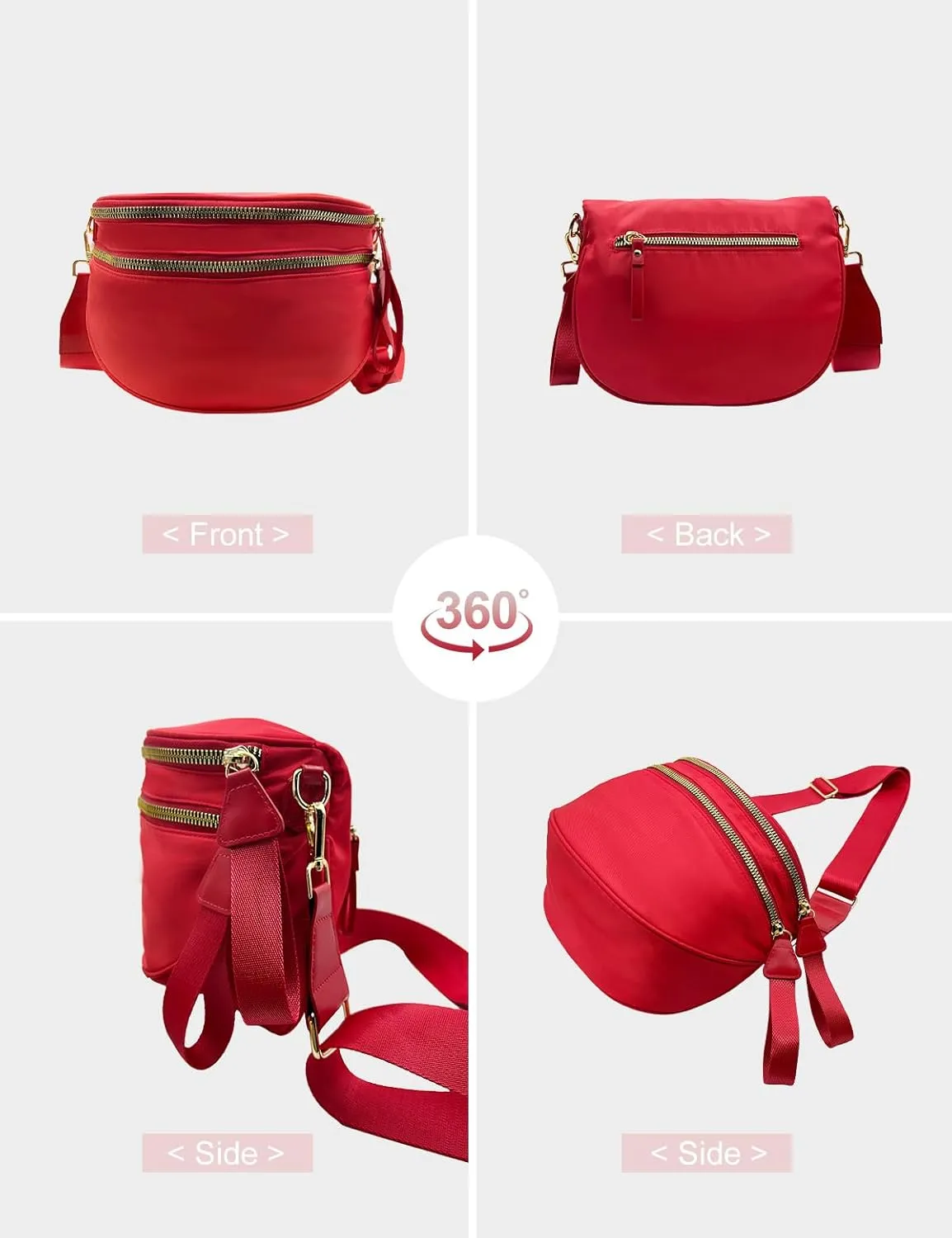 Bum Bags for Women Nylon Crossbody Bag, Spacious Fanny Packs Belt Bag Large Sling Bag with Adjustable Strap (Red)