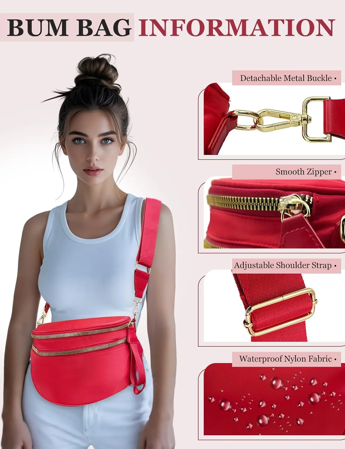Bum Bags for Women Nylon Crossbody Bag, Spacious Fanny Packs Belt Bag Large Sling Bag with Adjustable Strap (Red)