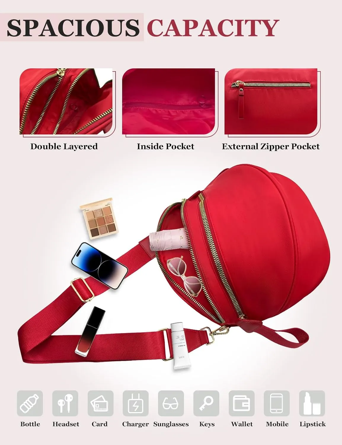 Bum Bags for Women Nylon Crossbody Bag, Spacious Fanny Packs Belt Bag Large Sling Bag with Adjustable Strap (Red)