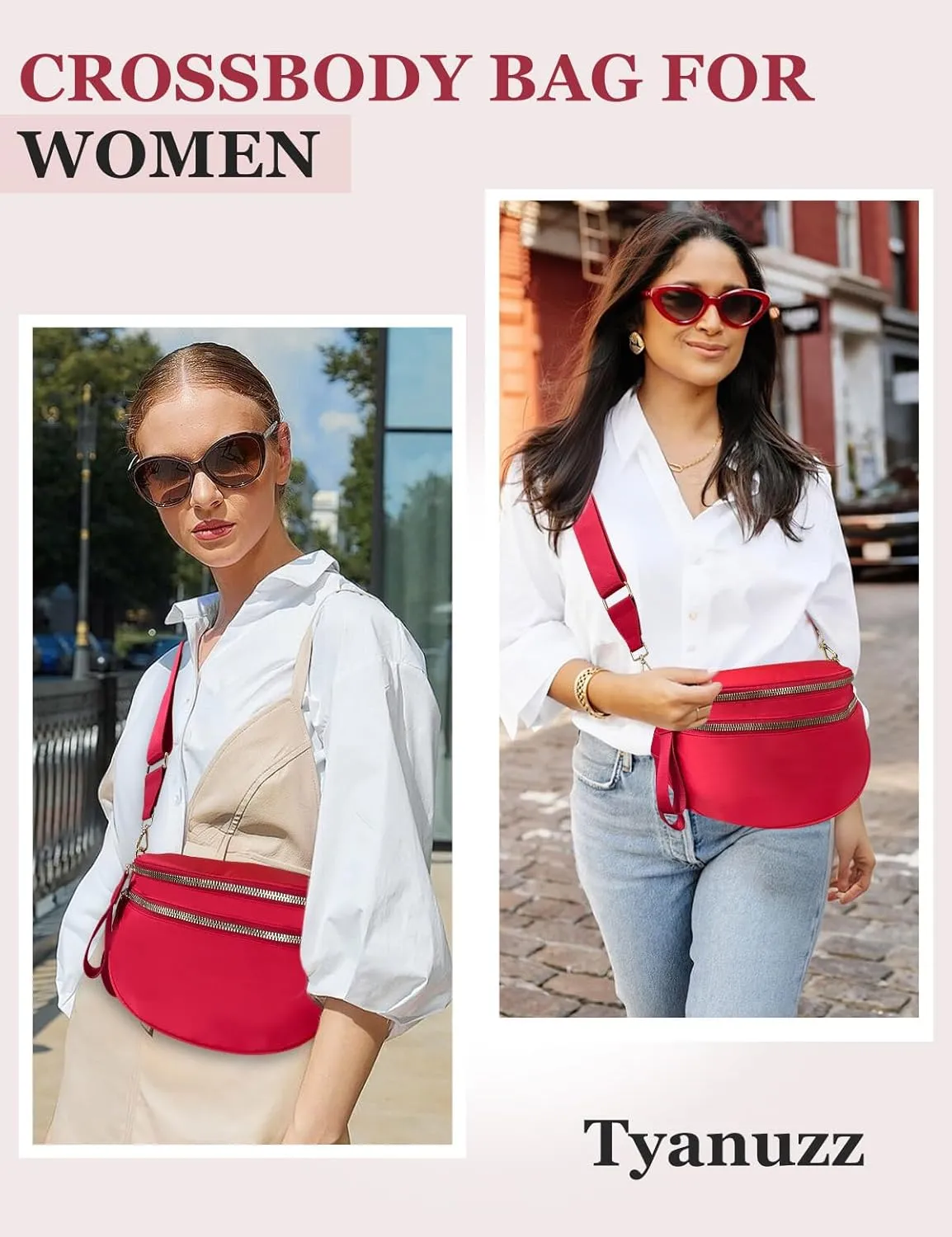 Bum Bags for Women Nylon Crossbody Bag, Spacious Fanny Packs Belt Bag Large Sling Bag with Adjustable Strap (Red)