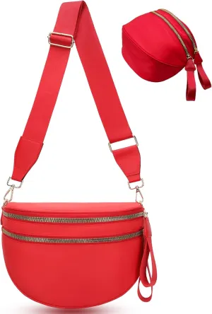 Bum Bags for Women Nylon Crossbody Bag, Spacious Fanny Packs Belt Bag Large Sling Bag with Adjustable Strap (Red)
