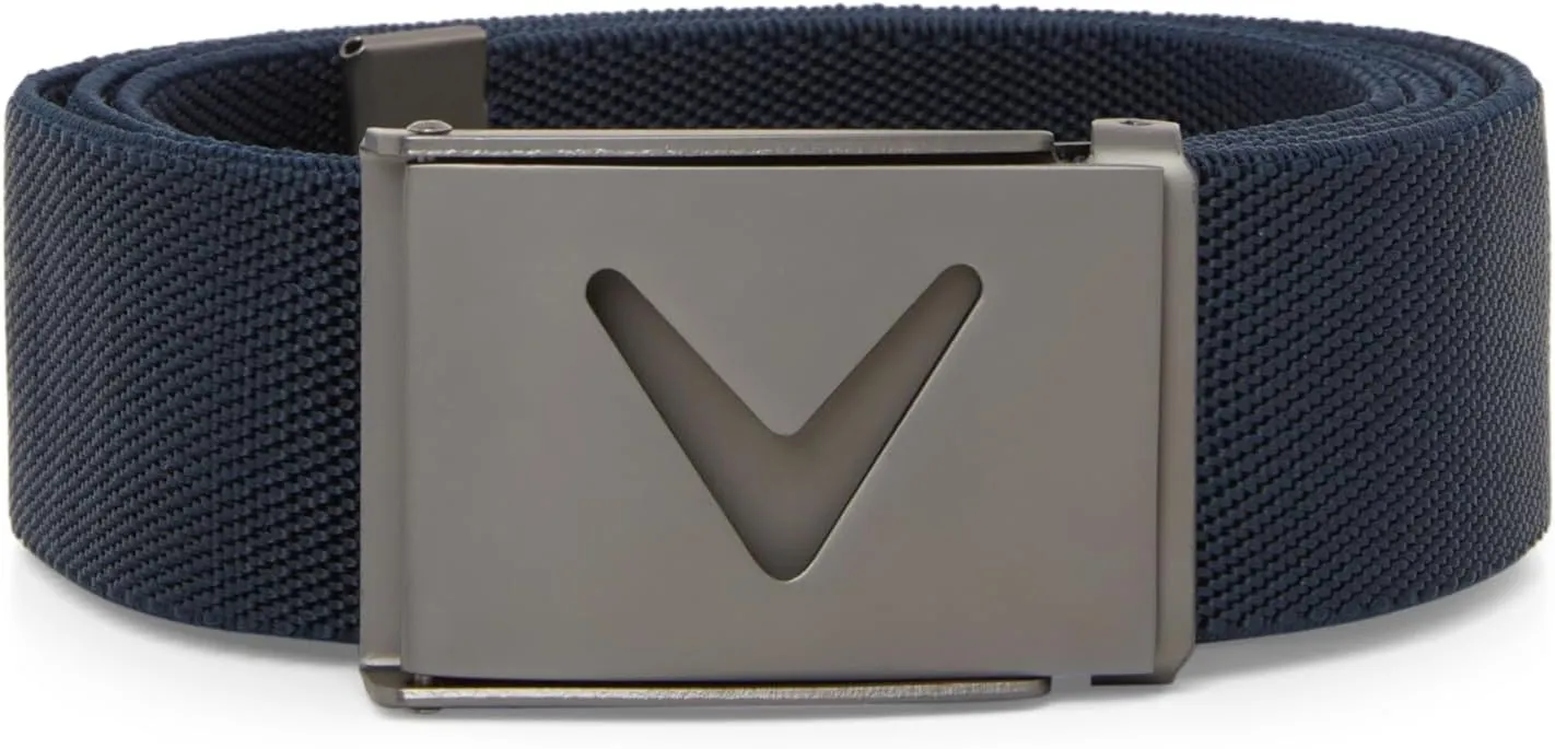 Callaway Men's V-Logo Web Golf Belt, Durable Textured Stretch Material, Metal Tip & Adjustable Buckle, Solid Color
