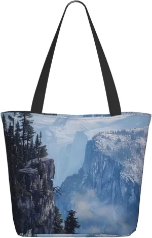 Canadian Smokey Mountain Cliff Printed Shopping Tote Bag with Zipper, Cute Reusable Grocery Bags Shoulder Bag for Shopping, Beach,Travel, Work