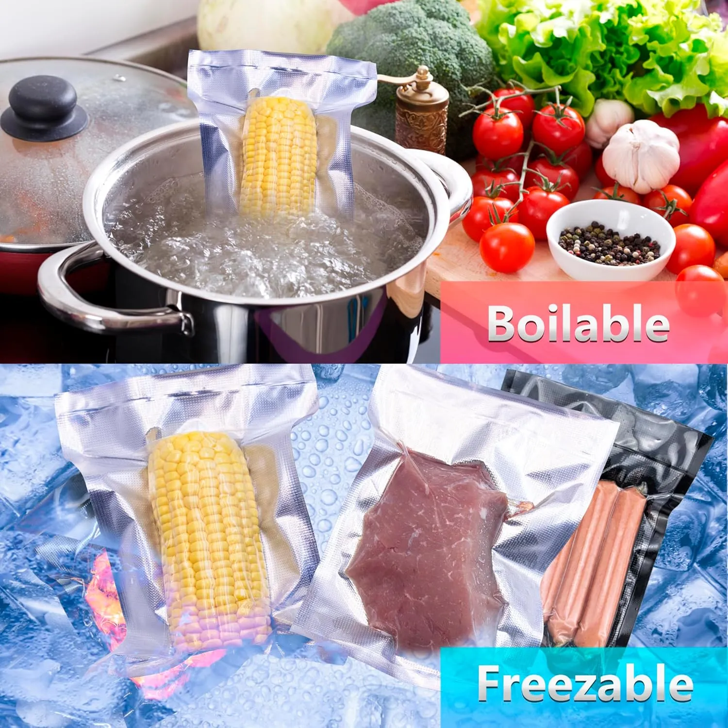 CANLENPK 6x8Inch/15x20cm Small Silver Back and Clear Front Vacuum Sealer Bags,Food Storage Bag,Seal Meal Snack Fruit Nut,Boil Steam Heat Freeze,Commercial Grade Heavy Duty Sealable Bags (100PCS)